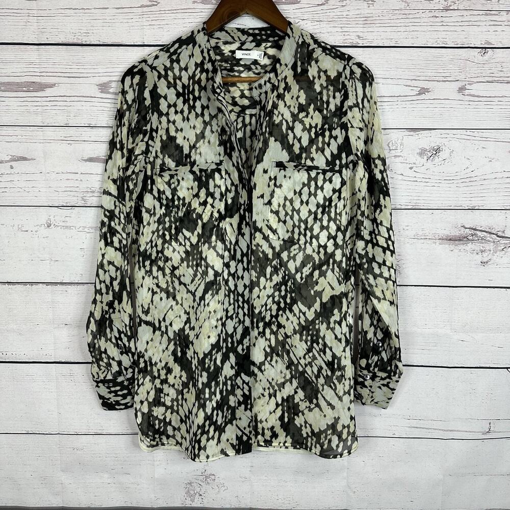 Vince Blouse Womens 6 Black Patterned Silk Button Career Chiffon Boxy Office